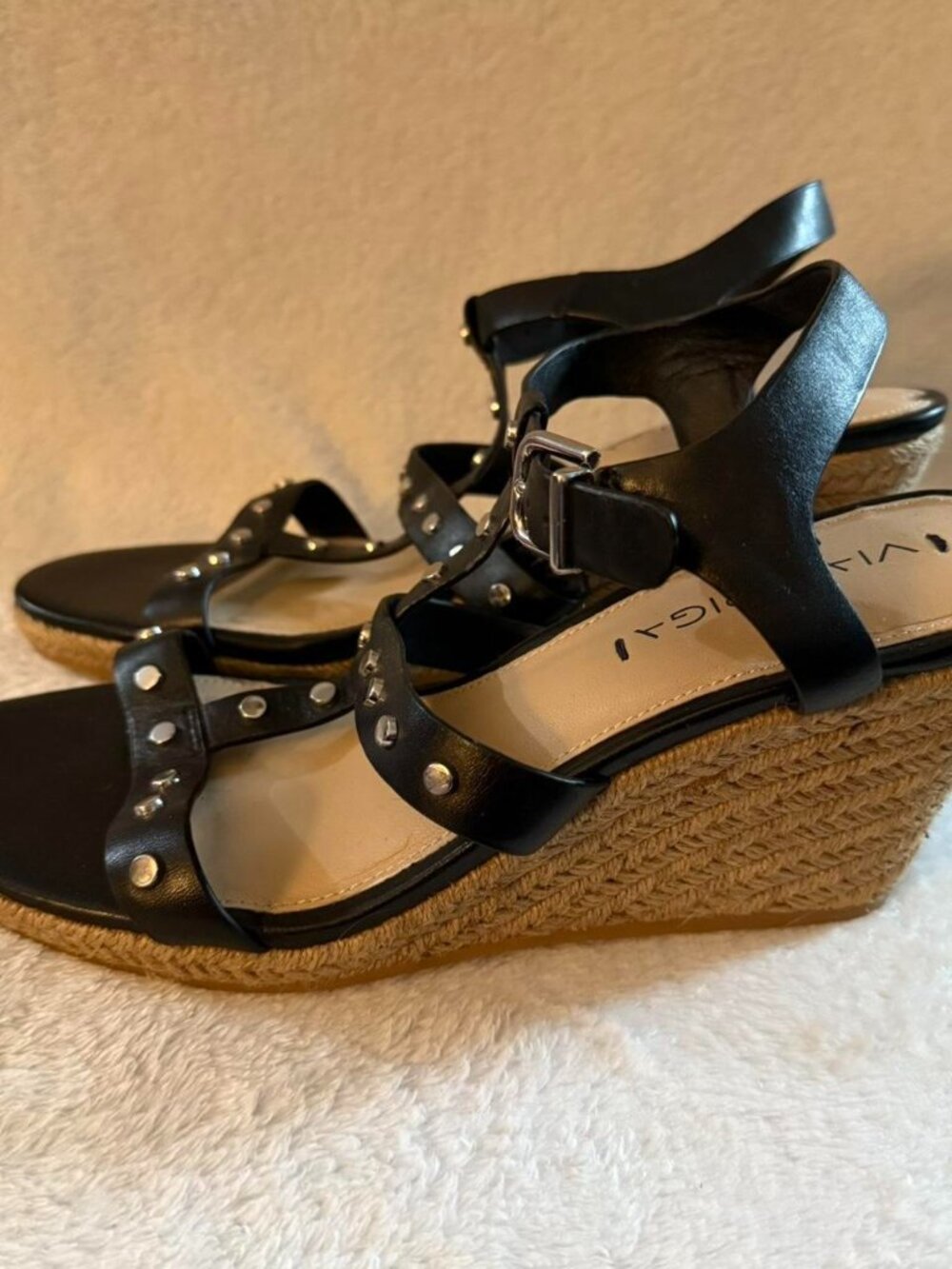 Via Spiga Black Wedges with Silver Studs Straps Buckle Women’s Size 8M